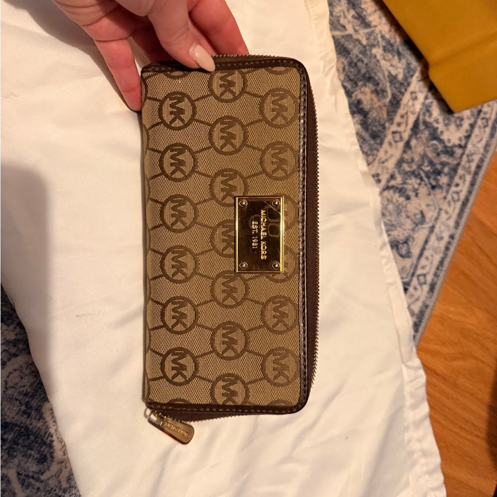 Michael Kors Tan and Brown Logo Zip Wallet